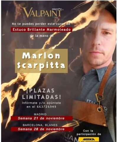 Cartel curso práctico Estuco Brillante Marmoleado con Marlon Scarpitta.