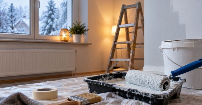 Pintar una habitación en invierno con rodillo, cubeta de pintura y herramientas de preparación
